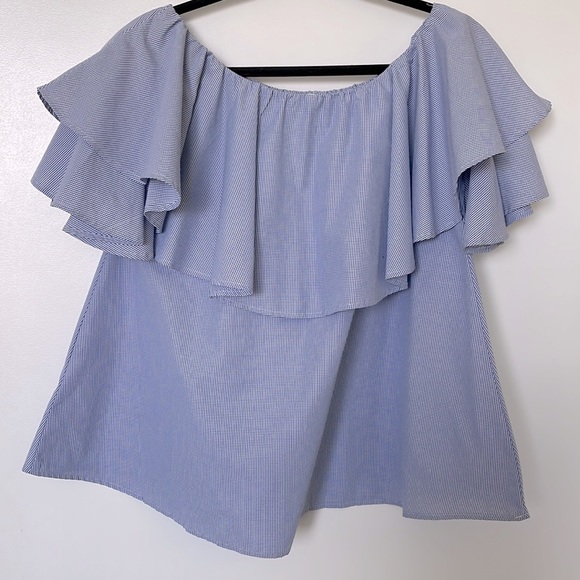 OFF-THE-SHOULDER BLUE RUFFLE TOP BLOUSE - Picture 4 of 5